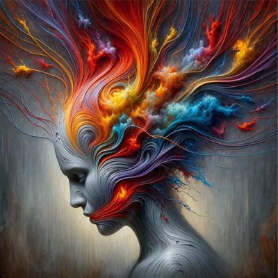 The primary subject of the image is a woman with a unique and artistic appearance. She has a head full of colorful, swirling hair, and her face is painted with a mix of red and blue colors. The setting is a painting, which showcases the woman's vibrant and creative style. The visual style is a combination of digital art and illustration, creating a striking and eye-catching image. The colors and mood of the painting are lively and energetic, reflecting the woman'